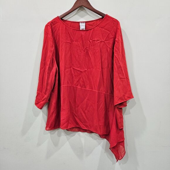 Chicos Women Asymmetric Hem Chiffon Top Plus Size 3 Red Flowy Lagenlook Oversize - Picture 1 of 10